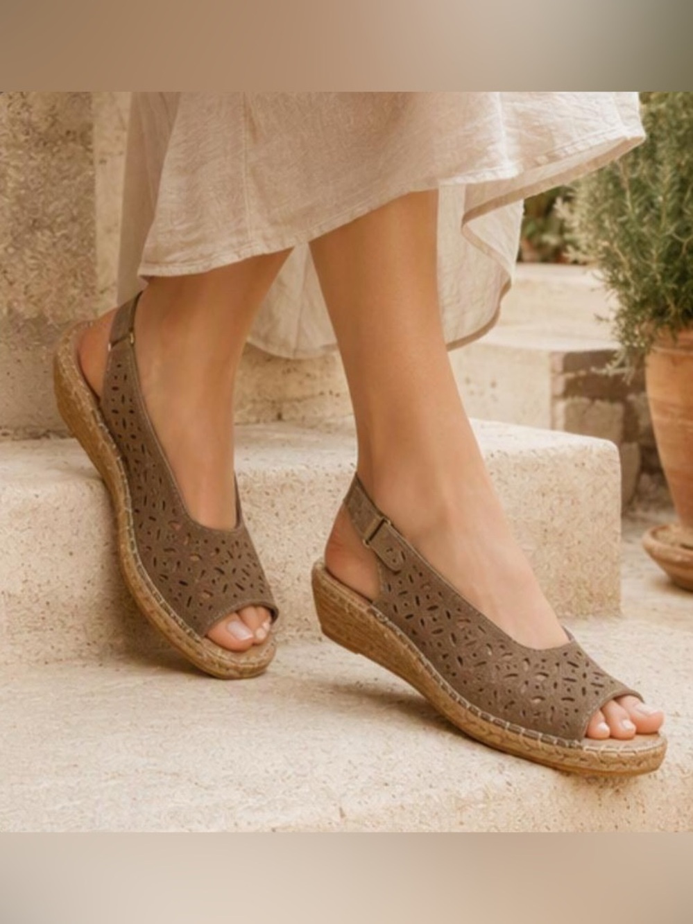 🌹 Browns 🌹 90s Vintage Soft Leather Wedge Espadrille Sandals Made in Spain 🇪🇸